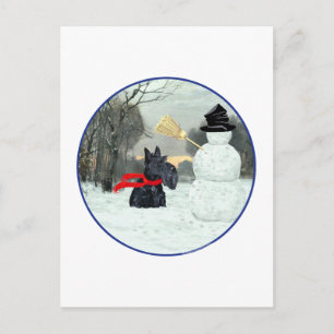 Carte Postale Térrier écossais et bonhomme de neige