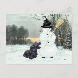 Carte Postale Terrier écossais heureux & bonhomme de neige