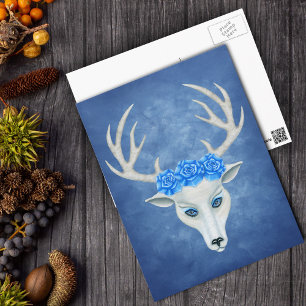 Carte Postale Tête de cerf blanc avec Antlers Big Blue Roses