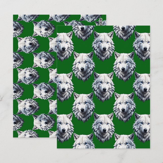 Carte Postale Tête de loup blanc motif design vert  (Devant / Derrière)
