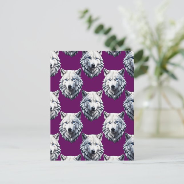 Carte Postale Tête de loup blanche motif design violet  (Debout devant)