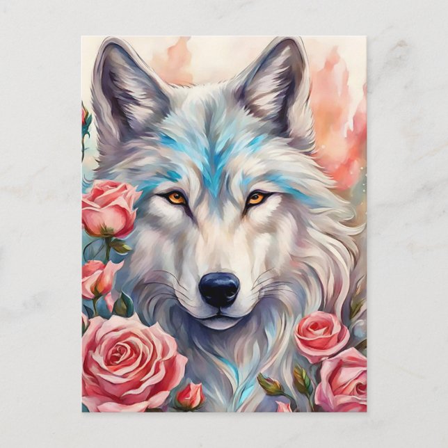 Carte Postale tête de loup roses roses animal peinture (Devant)