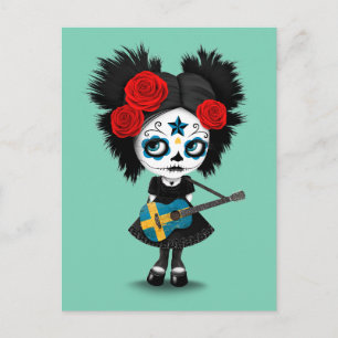 Carte Postale Tête de sucre Jouer Drapeau Suédois Guitare