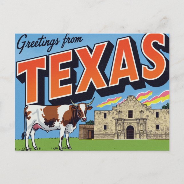 Carte Postale Texas Alamo Longhorn Cow Greetings (Devant)
