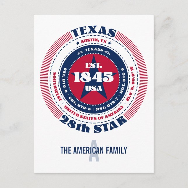 Carte Postale Texas, Austin, TX, Patriotique, Monogramme (Devant)