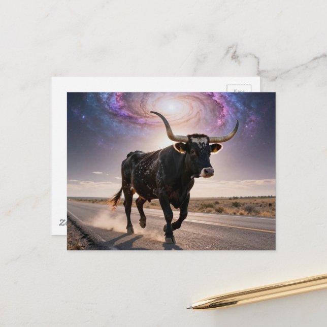 Carte Postale Texas Longhorn sur l'autoroute (Devant/Arrière en situation)