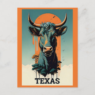 Carte Postale Texas Stylisé Retro Bull Travel