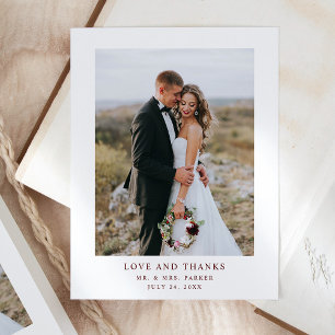 Carte Postale Texte blanc et rouge foncé Mariage photo Merci