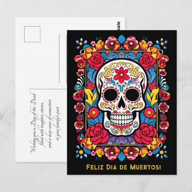 Carte Postale Texte personnalisé Dia de Muertos Crâne à sucre (Devant / Derrière)