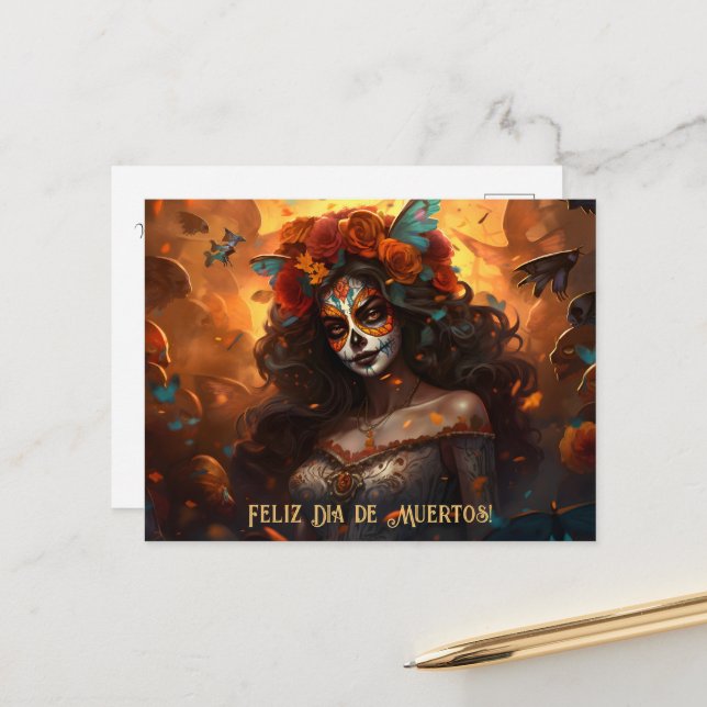Carte Postale Texte personnalisé Dia de Muertos La Calavera Garb (Devant/Arrière en situation)