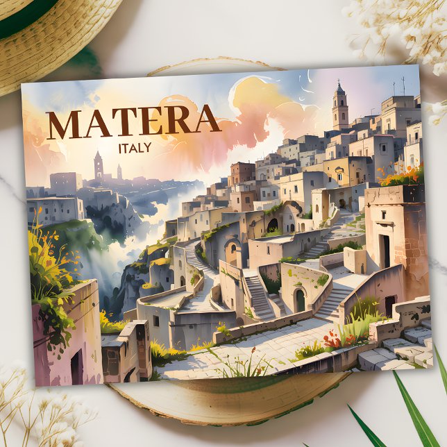 Carte Postale Texte personnalisé Matera Italie Voyage Sassi di M (Matera Italy Watercolor Postcard)