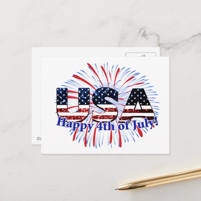 Carte Postale Texte USA drapeau scintille feux d'artifice Joyeux (Devant/Arrière en situation)