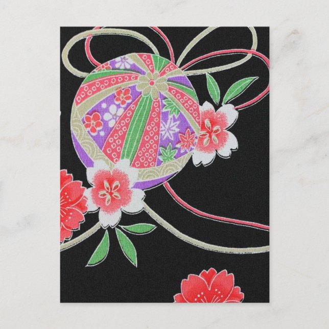 Carte Postale Textile de KIMONO japonais, motif de fleuron (Devant)