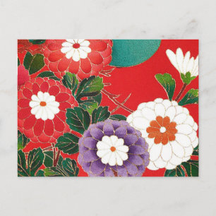 Carte Postale Textile japonais vintage - Dahlias rouges