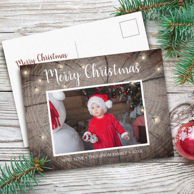 Carte Postale Texture de bois rustique avec lucioles Photo de No (Rustic Wood Texture Fireflies Christmas Photo Postcard)