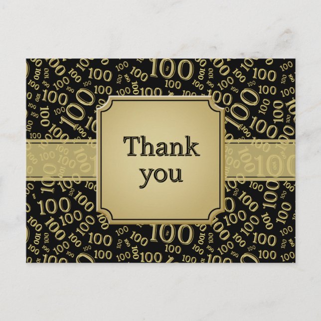 Carte Postale Thank You 100th Birthday Number Pattern Gold/Black (Devant)
