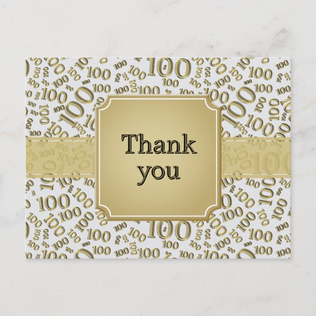 Carte Postale Thank You 100th Birthday Number Pattern Gold/White (Devant)