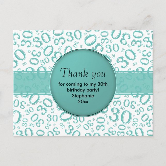 Carte Postale Thank You 30 Random Number Pattern Teal/White (Devant)