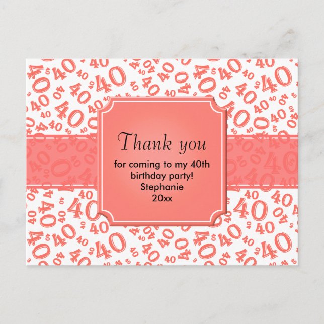 Carte Postale Thank You 40 Number Pattern Coral/White (Devant)