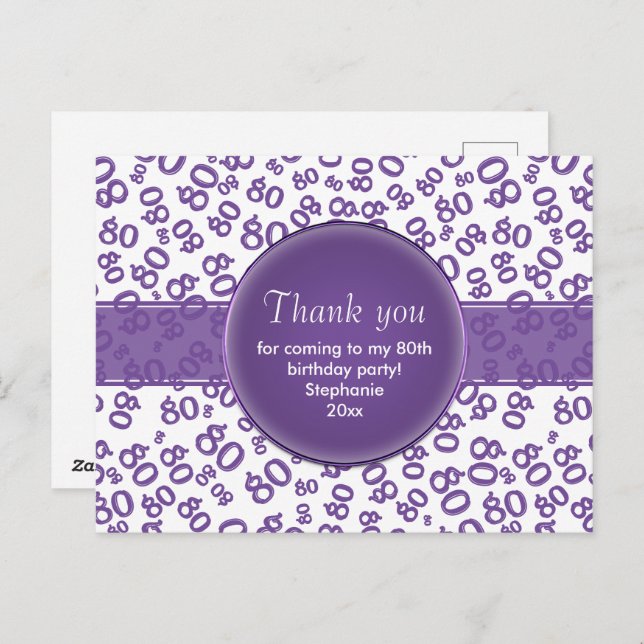 Carte Postale Thank  You 80 Purple/White Birthday Number Pattern (Devant / Derrière)
