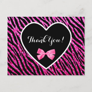 Carte Postale Thank You Pink Black Glam Zebra Faux Glitz Heart