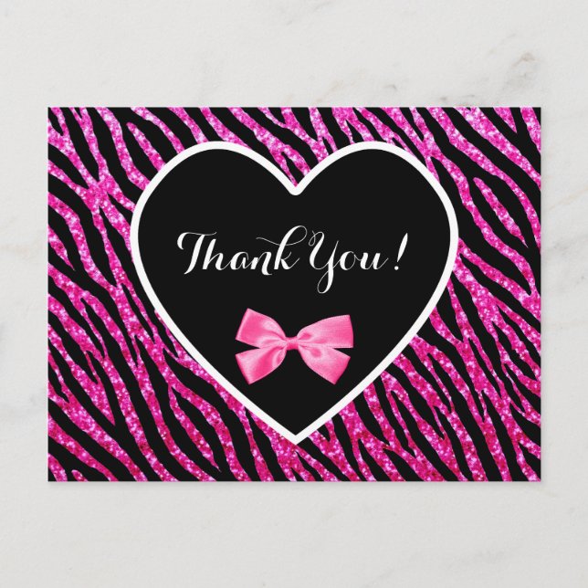 Carte Postale Thank You Pink Black Glam Zebra Faux Glitz Heart (Devant)