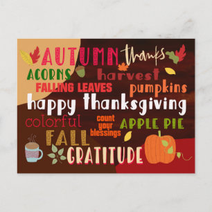 Carte Postale Thanksgiving Automne Wordart Typographie colorée