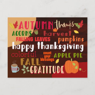 Carte Postale Thanksgiving Automne Wordart Typographie colorée