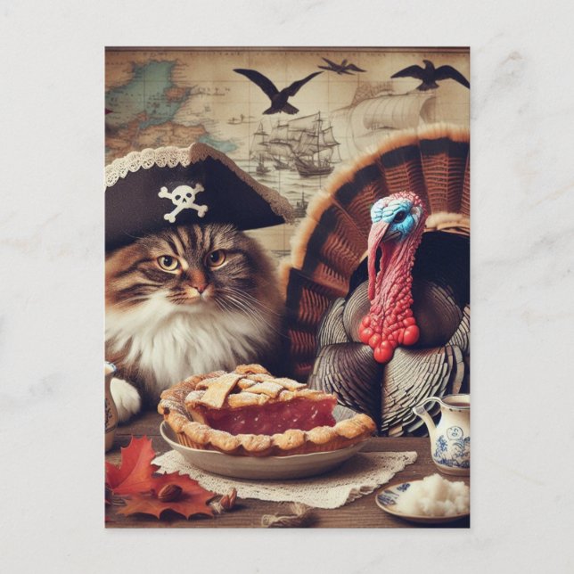 Carte Postale Thanksgiving Pirate Cat et Turquie avec tarte (Devant)
