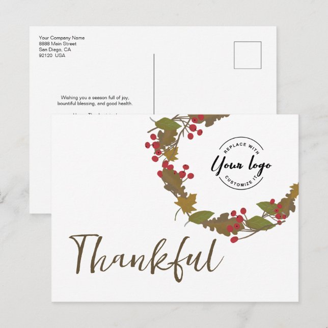 Carte Postale Thanksgiving Thankful Autumn Wreath Business logo (Devant / Derrière)