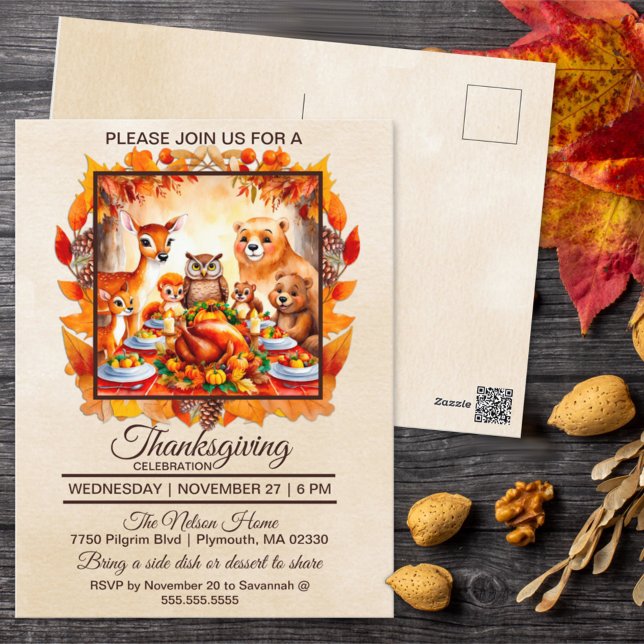 Carte Postale Thanksgiving Woodland Animaux Feuilles d'automne (Créateur téléchargé)