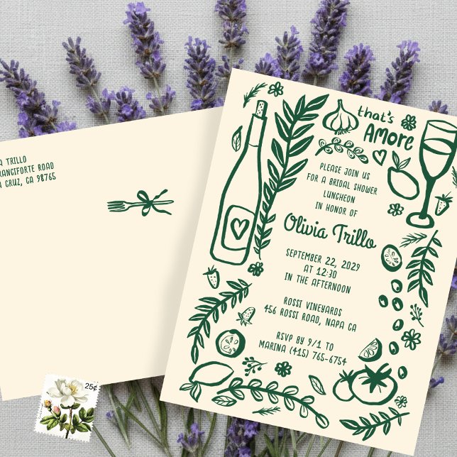 Carte Postale That's Amore Italian Food CUSTOM Bridal Shower  (That's Amore Italian Food Hand-drawn Doodle CUSTOM Bridal Shower Postcard Inviation
)