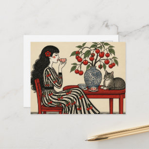 Carte Postale Thé avec mon chat dans ma robe cerise