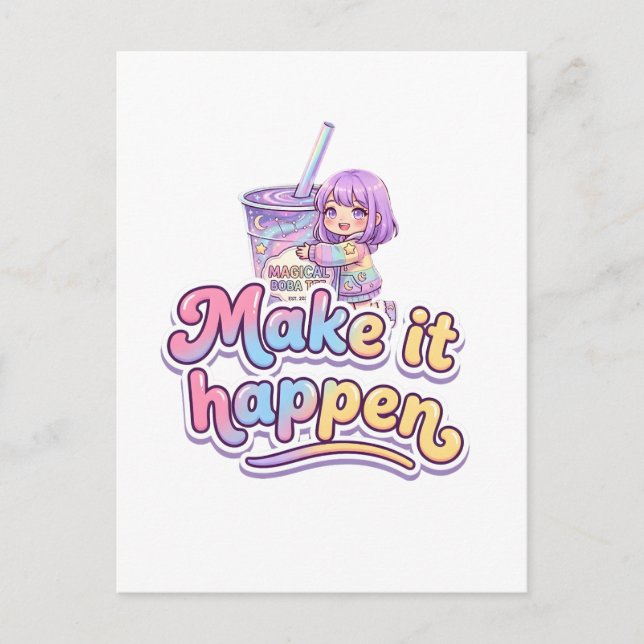 Carte Postale Thé Boba Magique Fille Chibi - "Faites que cela ar (Devant)