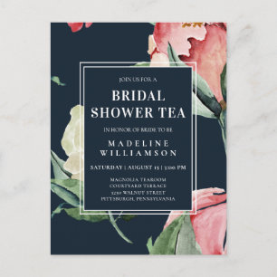 Carte Postale Thé de mariage floral aquarelle rose Navy
