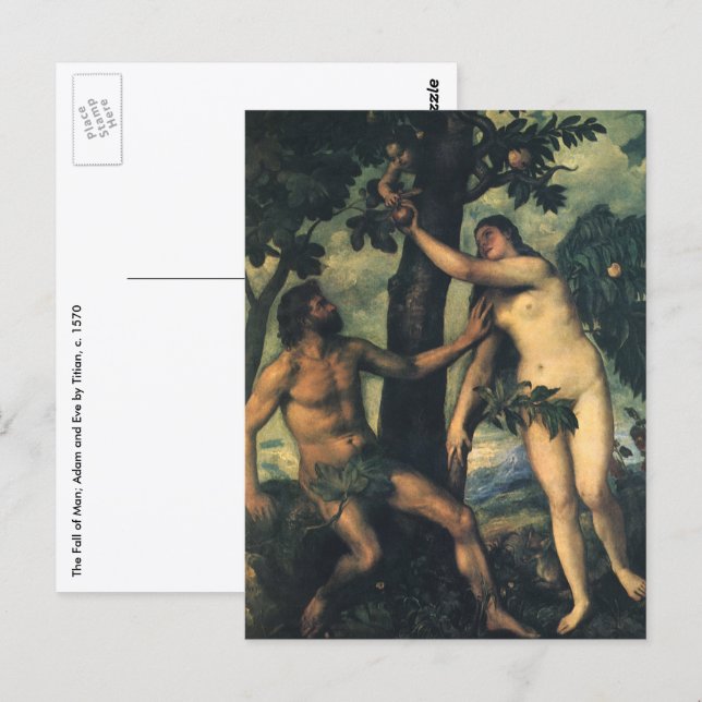 Carte Postale The Fall of Man; Adam and Eve by Titian (Devant / Derrière)