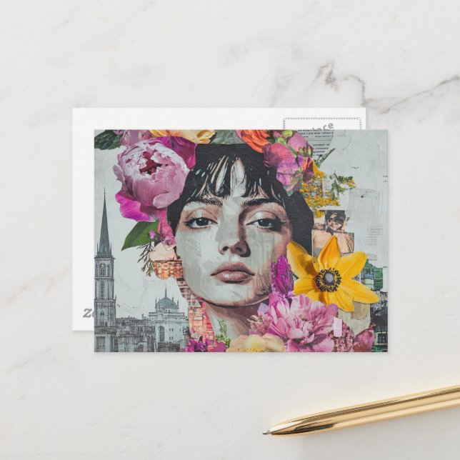 Carte Postale The Lady in a City Collage Flowers Buildings (Devant/Arrière en situation)
