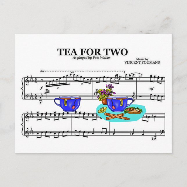 Carte Postale Thé Pour Deux Teacups ~ Arrière - plan De Partitio (Devant)