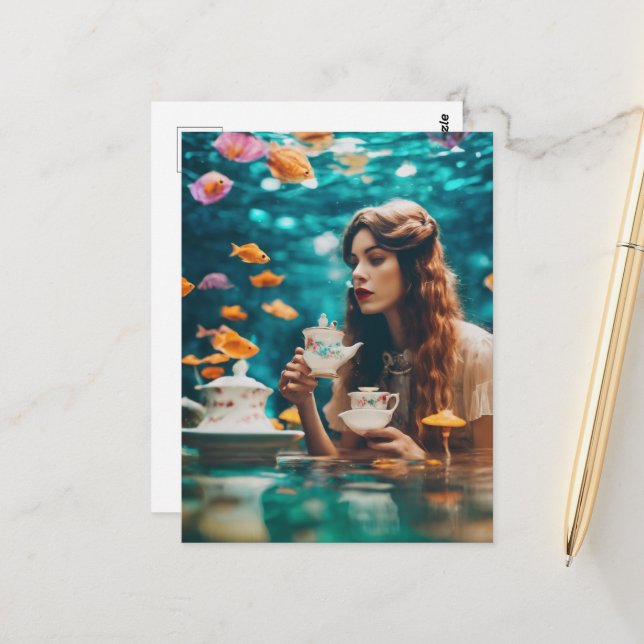 Carte Postale Thé sous-marin avec poisson rouge (Devant/Arrière en situation)