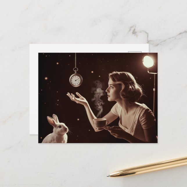 Carte Postale Thé surréaliste avec lapin (Devant/Arrière en situation)
