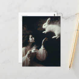 Carte Postale Thé surréaliste avec lapin blanc noir et blanc