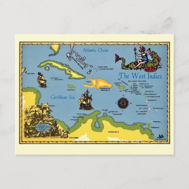 Carte Postale The West Indies Map Postcard (Devant)