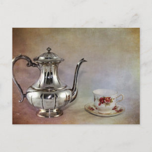 Carte Postale Théière Antique en Argent et Tasse en Porcelaine d