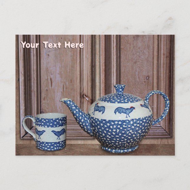 Carte Postale Théière et tasse de volaille bleue (Devant)
