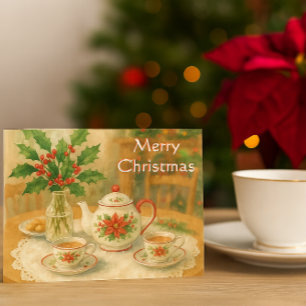 Carte Postale Théière rouge de Noël Poinsettia 