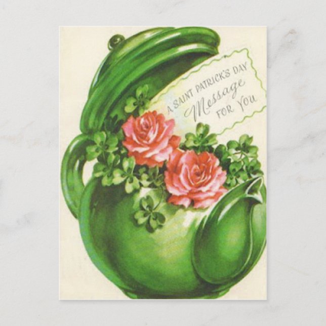 Carte Postale Théière verte rose trèfle Saint Patrick (Devant)