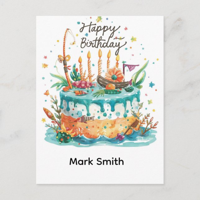 Carte Postale Thème anniversaire pêche branché sur le plaisir (Devant)