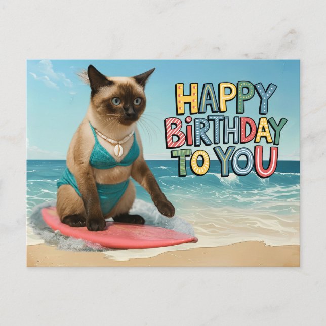 Carte Postale Thème d'anniversaire de chat à la plage pour chat  (Devant)