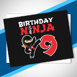 Carte Postale Thème d'anniversaire Ninja pour enfants - 9 ans<br><div class="desc">Ce design d'anniversaire Ninja 9 est un cadeau parfait pour une fête d'anniversaire de ninja de 9 ans. Il comporte le symbole japonais du Ninjutsu avec un ninja de dessin animé faisant un coup de pied de karaté que le garçon ou la fille d'anniversaire adorera. Ce design d'anniversaire de ninja...</div>