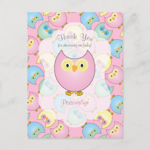 Carte Postale Thème de Baby Shower Fille Chouette Rose Pâle